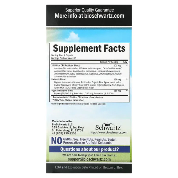 Пребіотик + пробіотик, Advanced Strength Prebiotic+Probiotic, BioSchwartz, підвищена ефективність, 20 млрд КУО, 30 рослинних капсул