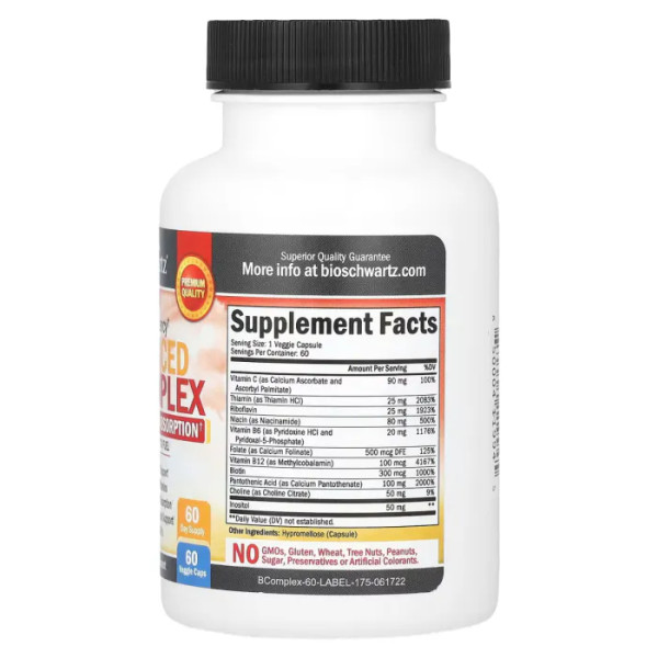 Вітаміни групи В, High Potency Advanced B-Complex, BioSchwartz, високоефективний розширений комплекс, 60 вегетаріанських капсул