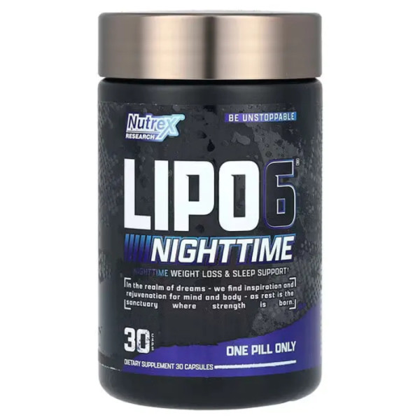 Ліпо-6, LIPO-6 Black Nighttime, Nutrex Research Labs, ультраконцентрат, зниження ваги та підтримка сну, 30 чорних капсул