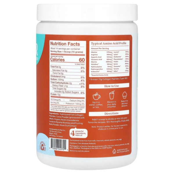 Морський колаген з грибами рейші, Wild-Caught Marine Collagen + Reishi Mushroom, Further Food, зі смаком шоколаду, 210 г