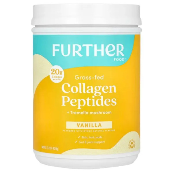 Пептиди колагену з грибом тремелла, Grass-Fed Collage Peptides + Tremella Mushroom, Further Food, зі смаком ванілі, 630 г
