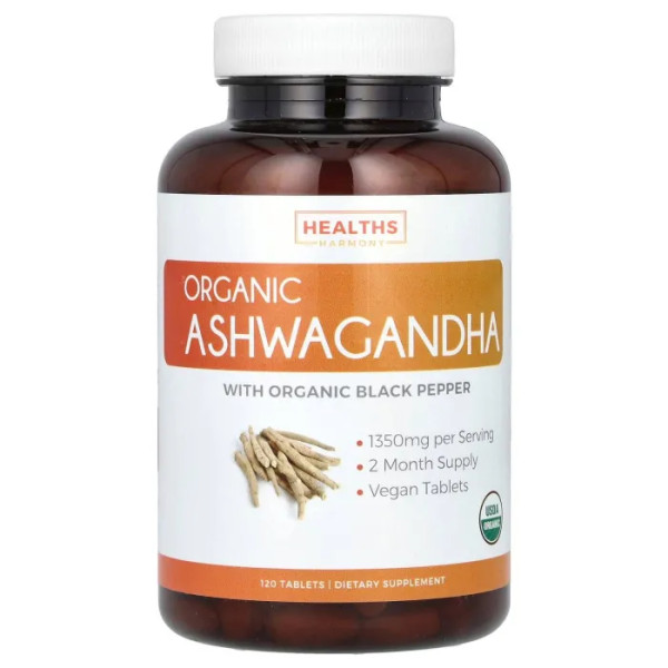 Ашваганда, Ashwagandha, Healths Harmony, органік, 1350 мг, 120 таблеток (675 мг в 1 таблетці)