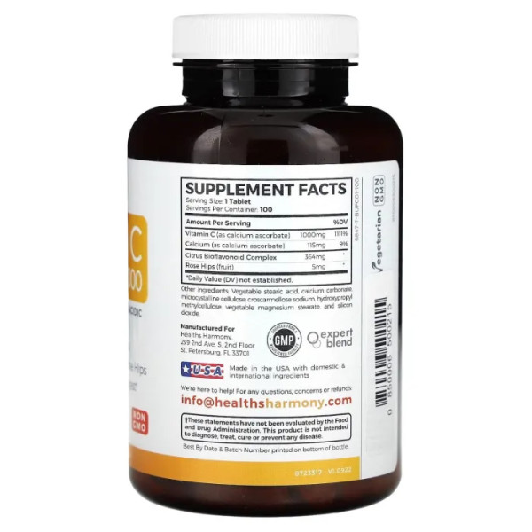Вітамін С, Vitamin C, Healths Harmony, буферизований, C-1000, 100 таблеток