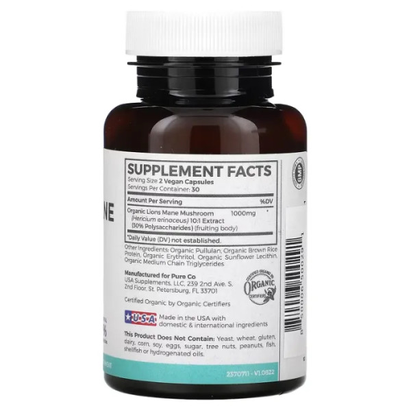 Їжовик гребінчастий, органічний екстракт, Lions Mane, Pure Co., 1000 мг, 60 веганських капсул (500 мг у капсулі)
