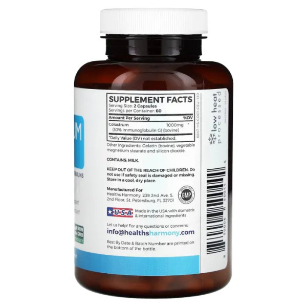 Молозиво, Colostrum, Healths Harmony, 30% IgG, 120 капсул