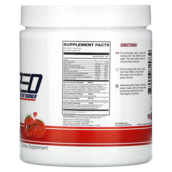 Жироспалювач термогенний, OxyShred Non-Stim Thermogenic Fat Burner, EHPlabs, смак малини, 324 г