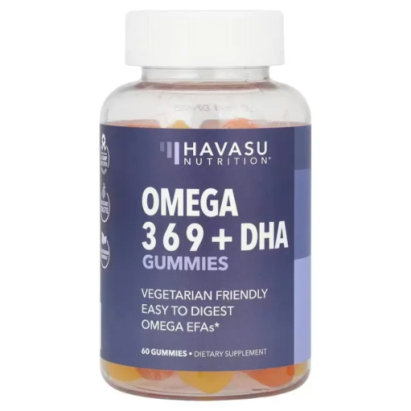 Омега 3-6-9 + ДГК, Omega + DHA, Havasu Nutrition, зі смаком лимона і апельсина, 60 вегетаріанських жувальних цукерок