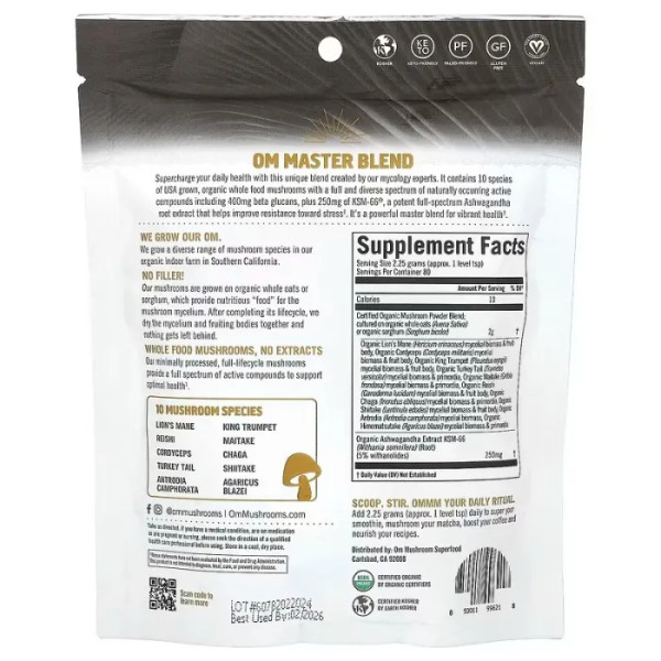 Суміш грибів та рослин, Mushroom + Botanicals, Om Mushrooms, сертифікований органічний порошок, 180 г
