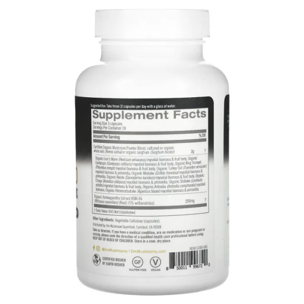 Гриби, майстер-суміш Master Blend, Om Mushrooms, 10 видів цільнохарчових грибів та екстракт ашваганди, 84 веганські капсули