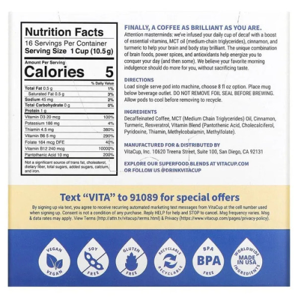 Кава без кофеїну в капсулах з маслом MCT, куркумою, корицею та вітамінами, Decaf Genius Coffee, VitaCup, середньої обсмажування, 16 шт. по 10,5 г