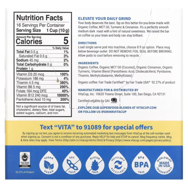 Кава в капсулах, Genius Coffee, VitaCup, органічна, середнього обсмажування, з маслом MCT, куркумою, вітамінами B+D, 16 капсул по 10 г