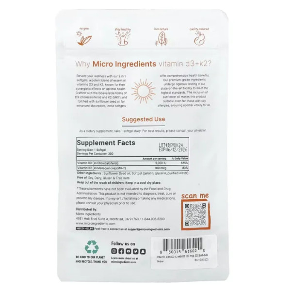 Вітамін D3+K2, Vitamin D3+K2, Micro Ingredients, 300 гелевих капсул