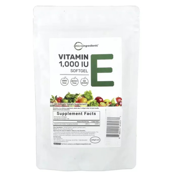 Вітамін Е, Vitamin E, Micro Ingredients, (1000 МО), 240 желатинових капсул (500 МО на одну капсулу)