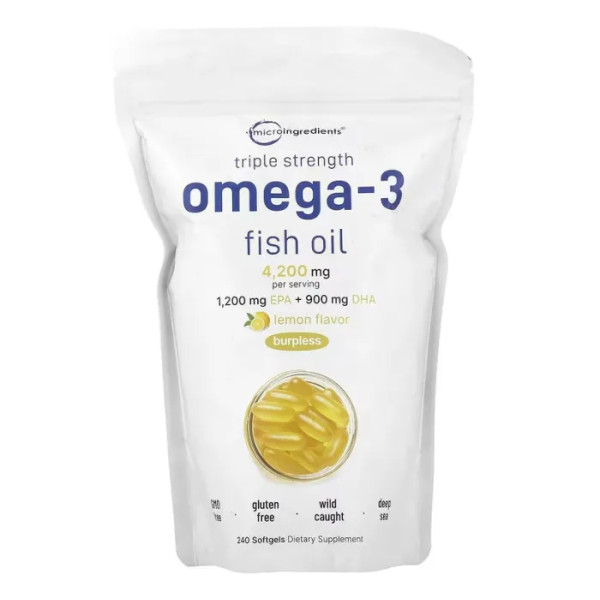 Риб'ячий жир з омега-3 потрійної сили, Triple Strength Omega-3 Fish Oil, Micro Ingredients, зі смаком лимона, 4200 мг, 240 гелевих капсул (1400 мг на одну капсулу)