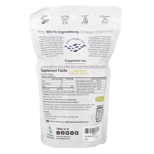 Риб'ячий жир з омега-3 потрійної сили, Triple Strength Omega-3 Fish Oil, Micro Ingredients, зі смаком лимона, 4200 мг, 240 гелевих капсул (1400 мг на одну капсулу)
