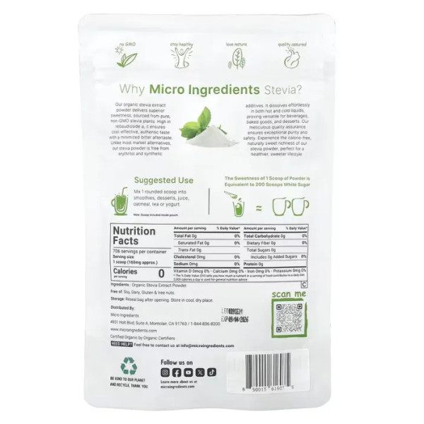 Стевія (екстракт), Stevia Extract, Micro Ingredients, органічний порошок, 113 г