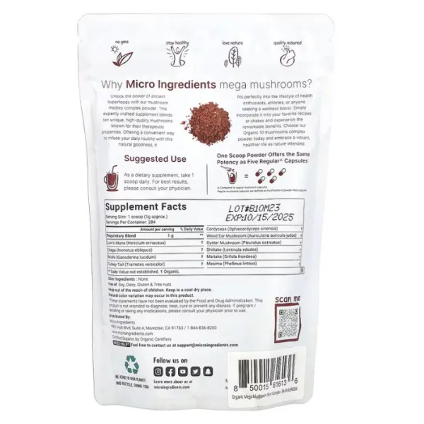 Захист імунітету, грибна формула (10 видів), Mega Mushrooms, Micro Ingredients, органічний порошок, 284 г