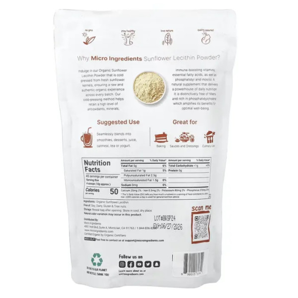 Лецитин соняшнику, Lecithin, Micro Ingredients, органічний порошок, 454 г