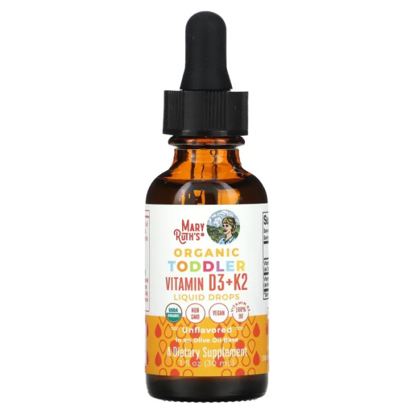 Вітаміни D3+K2 для малюків, Organic Toddler Vitamin D3+K2 Liquid Drops, MaryRuth's, краплі, від 1 до 3 років, без смаку, 30 мл