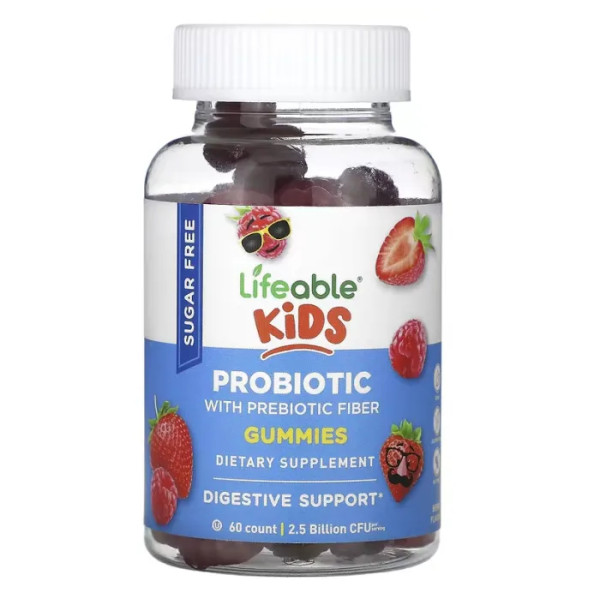 Пробіотик з пребіотичними волокнами, для дітей, без цукру, Kids Probiotic with Probiotic, Lifeable, 2,5 млрд КУО, з ягідним смаком, 60 жувальних цукерок