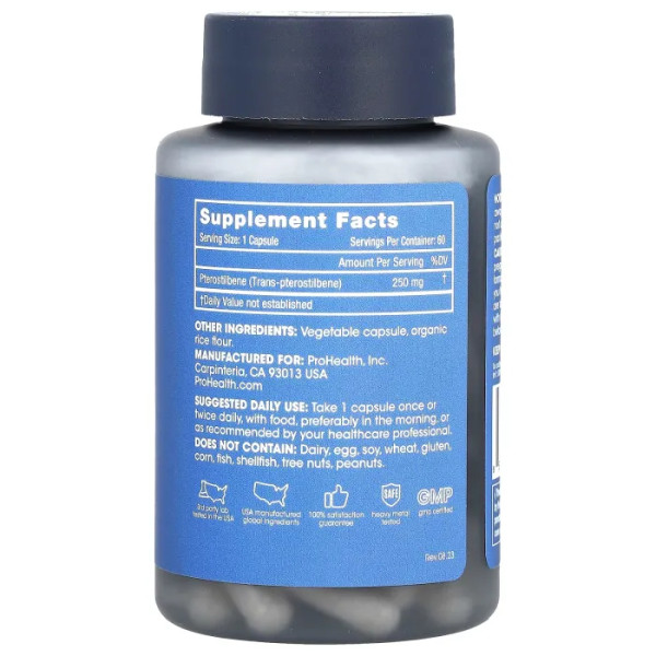 Птеростильбен, Pterostilbene Pro 250, ProHealth Longevity, 250 мг, 60 капсул