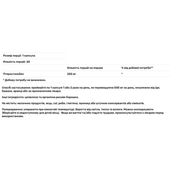 Птеростильбен, Pterostilbene Pro 250, ProHealth Longevity, 250 мг, 60 капсул