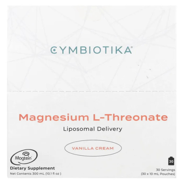 Магній L-треонат, Magnesium L-Threonate, Cymbiotika, ліпосомальна доставка, зі смаком ванільного крему, 30 пакетиків (10 мл кожний)
