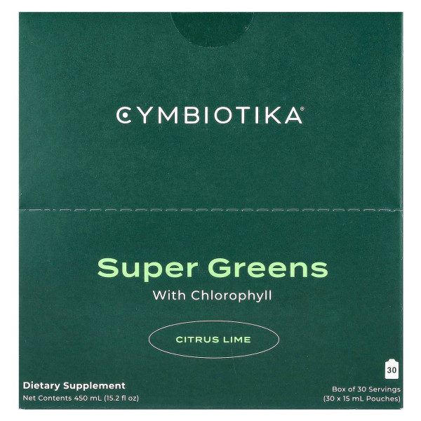 Зелень, Super Greens, Cymbiotika, із хлорофілом, зі смаком цитрус-лайм, 30 пакетиків (15 мл кожен)