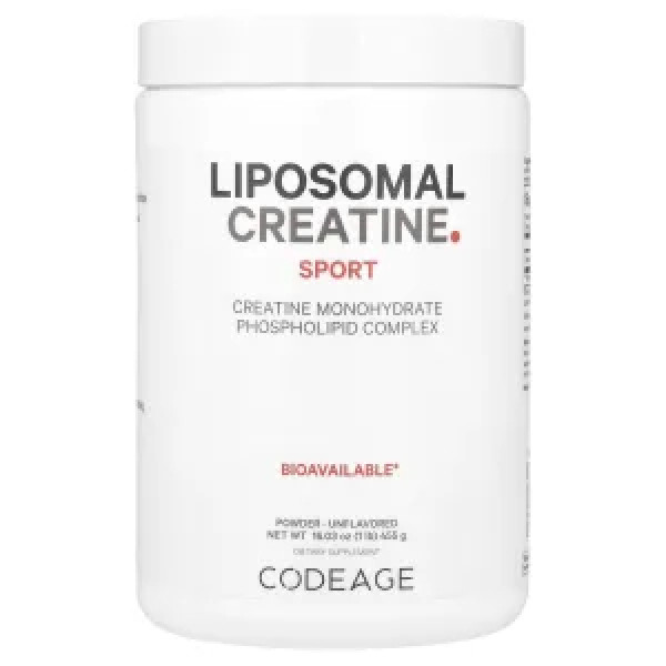 Креатин моногідрат, Liposomal Creatine Sport, CodeAge, ліпосомальний, моногідратний фосфоліпідний комплекс, порошок без смаку, 5000 мг, 455 г
