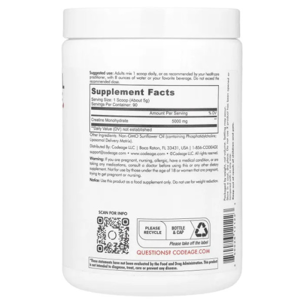 Креатин моногідрат, Liposomal Creatine Sport, CodeAge, ліпосомальний, моногідратний фосфоліпідний комплекс, порошок без смаку, 5000 мг, 455 г