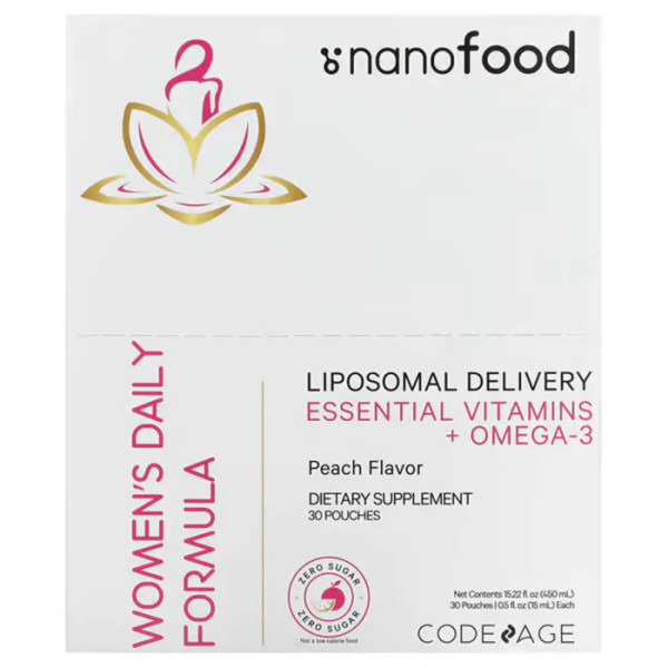 Мультивітаміни для жінок з Омега-3, Essential Vitamins + Omega-3, CodeAge, Nanofood, щоденні, ліпосомальні, смак персик, 30 пакетиків по 15 мл