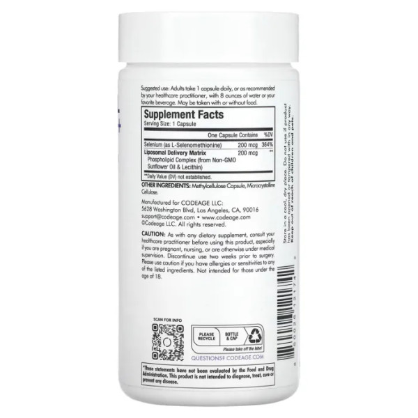 Селен ліпосомальний, Liposomal Selenium+, Codeage, фосфоліпідний комплекс, 180 рослинних капсул