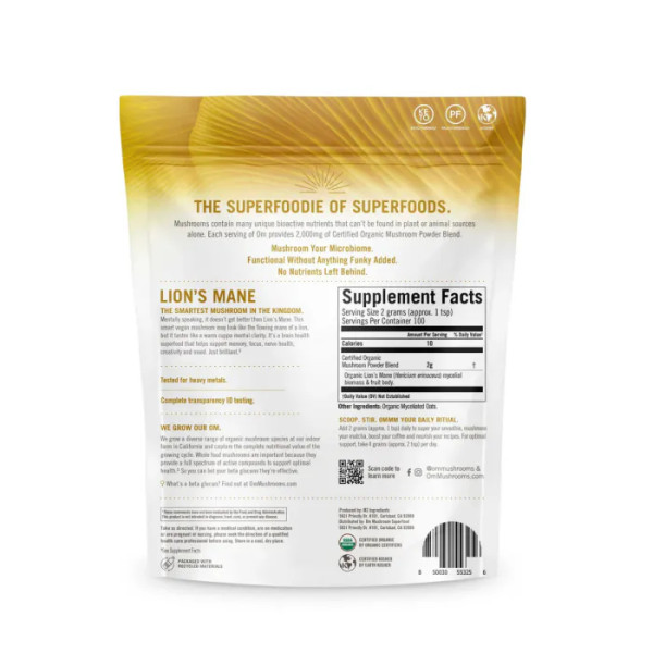 Їжовик гребінчастий, Lion's Mane, Om Mushroom, сертифікований органічний порошок, 200 г