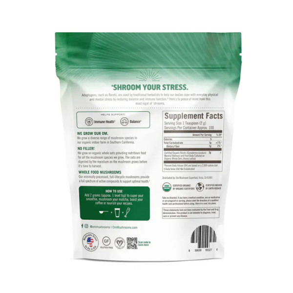Рейші, сертифікований органічний грибний порошок, Reishi, Om Mushrooms, 200 г