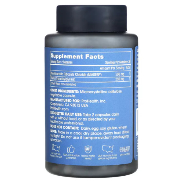 Нікотинамід рибозид Pro 500, Nicotinamide Riboside Pro 500, ProHealth Longevity, 500 мг, 60 капсул (250 мг на капсулу)