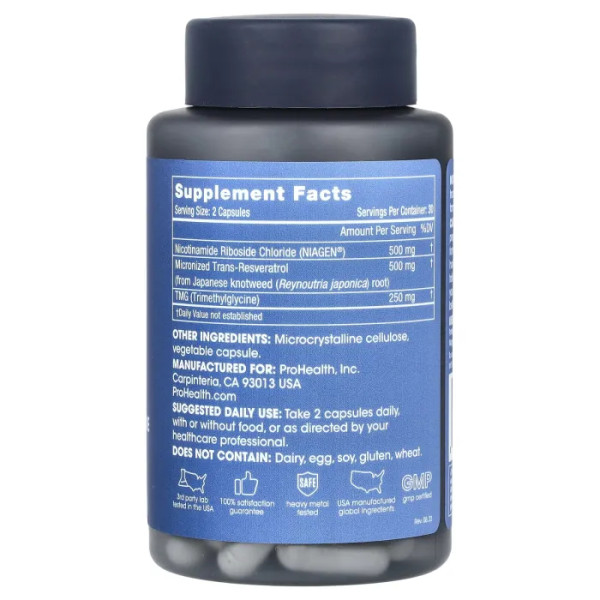 Нікотинамід рибозид Про, Nicotinamide Riboside Pro Complete, ProHealth Longevity, комплекс, 1250 мг, 60 капсул (625 мг на капсулу)