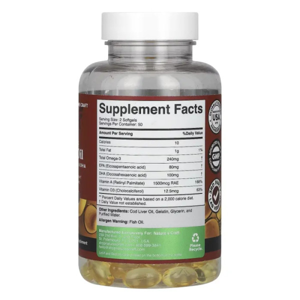 Жир печінки дикої ісландської тріски, Wild Icelandic Cod Liver Oil, Nature's Craft, 100 капсул