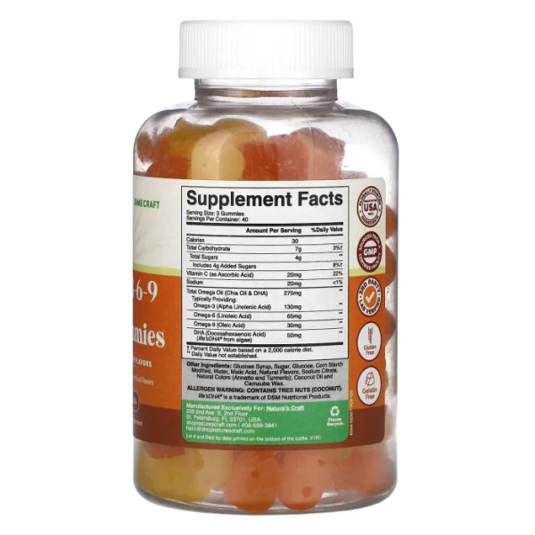 Омега 3 6 9 + ДГК, Omega 3-6-9 + DHA Gummies, Nature's Craft, зі смаком лимона та апельсина, 120 жувальних таблеток
