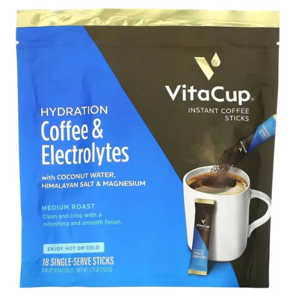 Кава та електроліти Hydration, Coffee & Electrolytes, VitaCup, середнього обсмаження, з кокосовою водою, гімалайською сіллю та магнієм, 18 стіків по 4,4 г