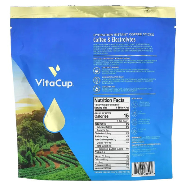 Кава та електроліти Hydration, Coffee & Electrolytes, VitaCup, середнього обсмаження, з кокосовою водою, гімалайською сіллю та магнієм, 18 стіків по 4,4 г