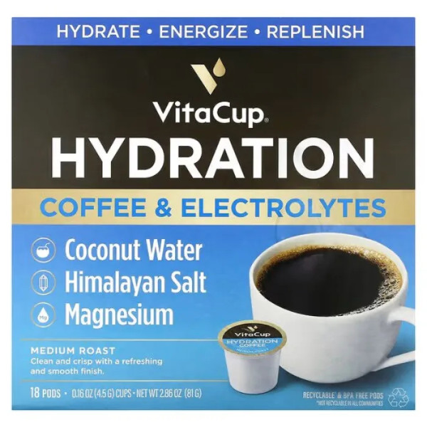 Кава та електроліти Hydration, Coffee & Electrolytes, VitaCup, середнього обсмаження, з кокосовою водою, гімалайською сіллю та магнієм, 18 капсул по 4,5 г