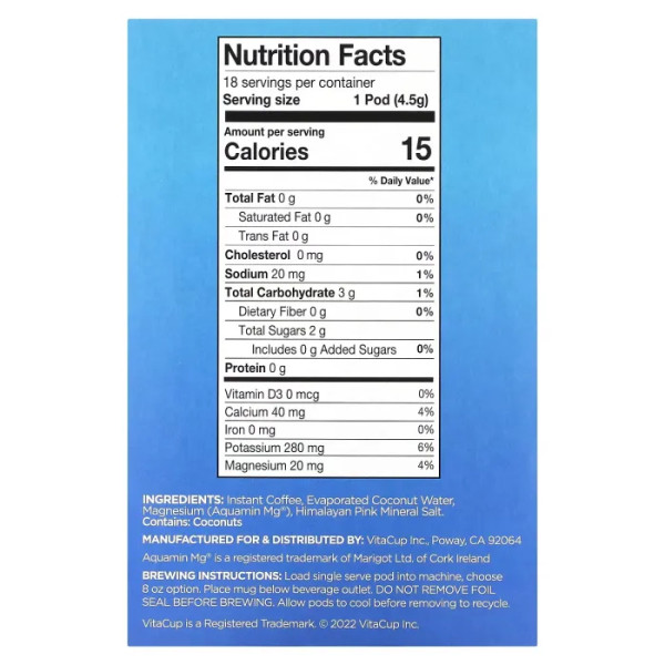 Кава та електроліти Hydration, Coffee & Electrolytes, VitaCup, середнього обсмаження, з кокосовою водою, гімалайською сіллю та магнієм, 18 капсул по 4,5 г