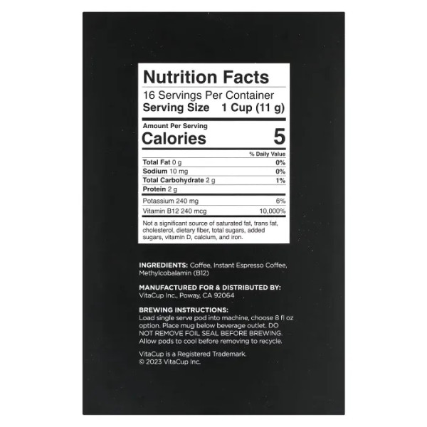 Кава еспресо, Coffee + Espresso Extra Shot, VitaCup, темне обсмажування, з антиоксидантами та вітаміном В12, 16 капсул по 11 г