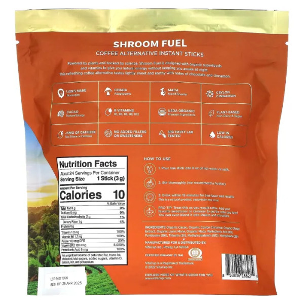 Какао органічне, Mushroom Drink Mix, VitaCup, з їжовиком гребінчастим, чагою, вітамінами групи B, 24 стіка по 3 г