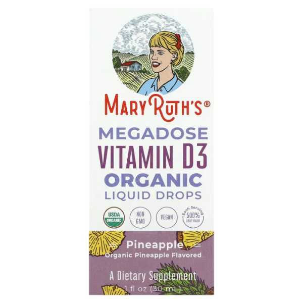 Вітамін D3, Megadose Vitamin D3 Organic Liquid Drops, MaryRuth's, посилений, смак ананасу, рідкі органічні краплі, 30 мл