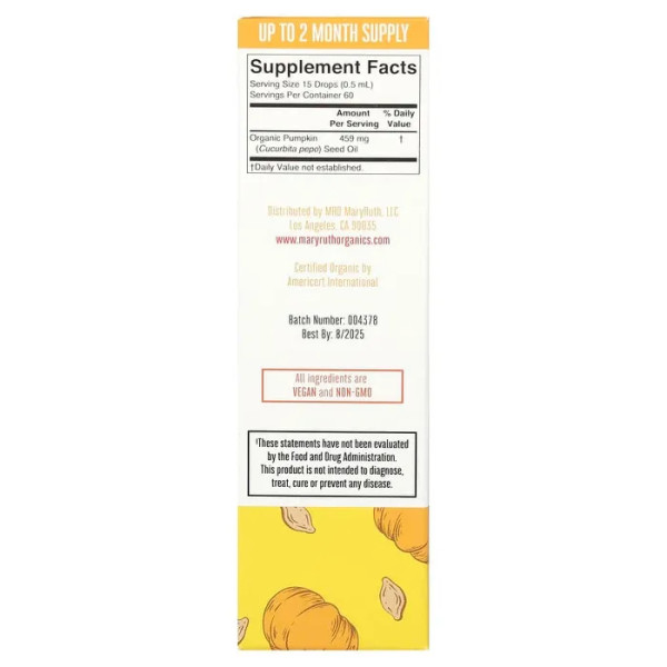 Гарбуз, органічна олія насіння, Organic Pumpkin Seed Oil, MaryRuth's, без спирту, 459 мг, краплі, 30 мл