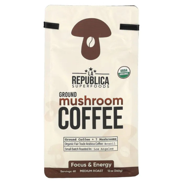 Молота кава з грибами, Ground Mushroom Coffee, LA Republica, середнього обсмажування, 340 г
