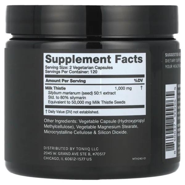 Розторопша плямиста, Milk Thistle 1000, Toniiq, екстракт 50:1, 240 капсул (500 мг у капсулі)