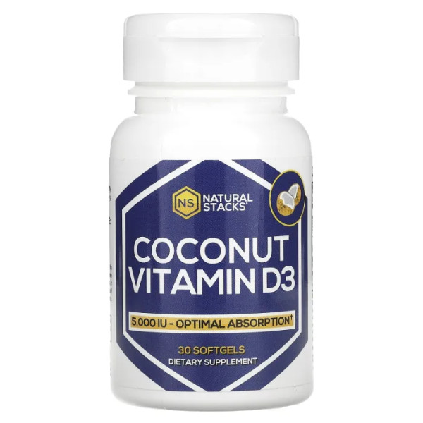 Вітамін D3, Coconut Vitamin D3, Natural Stacks, 5000 МО, 30 гелевих капсул