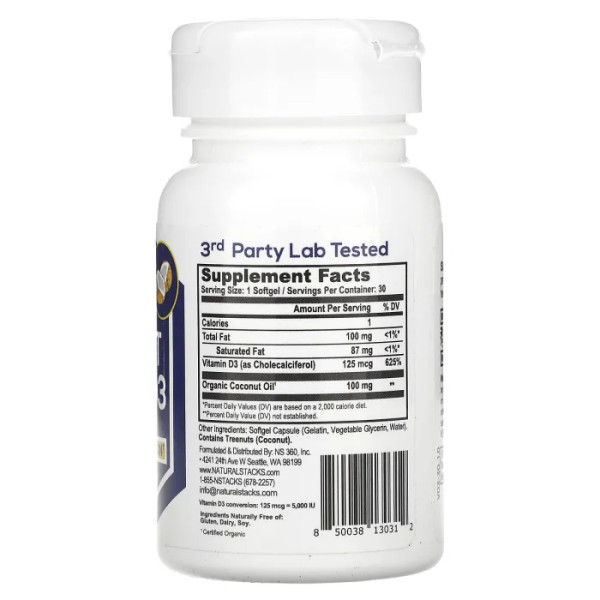 Вітамін D3, Coconut Vitamin D3, Natural Stacks, 5000 МО, 30 гелевих капсул